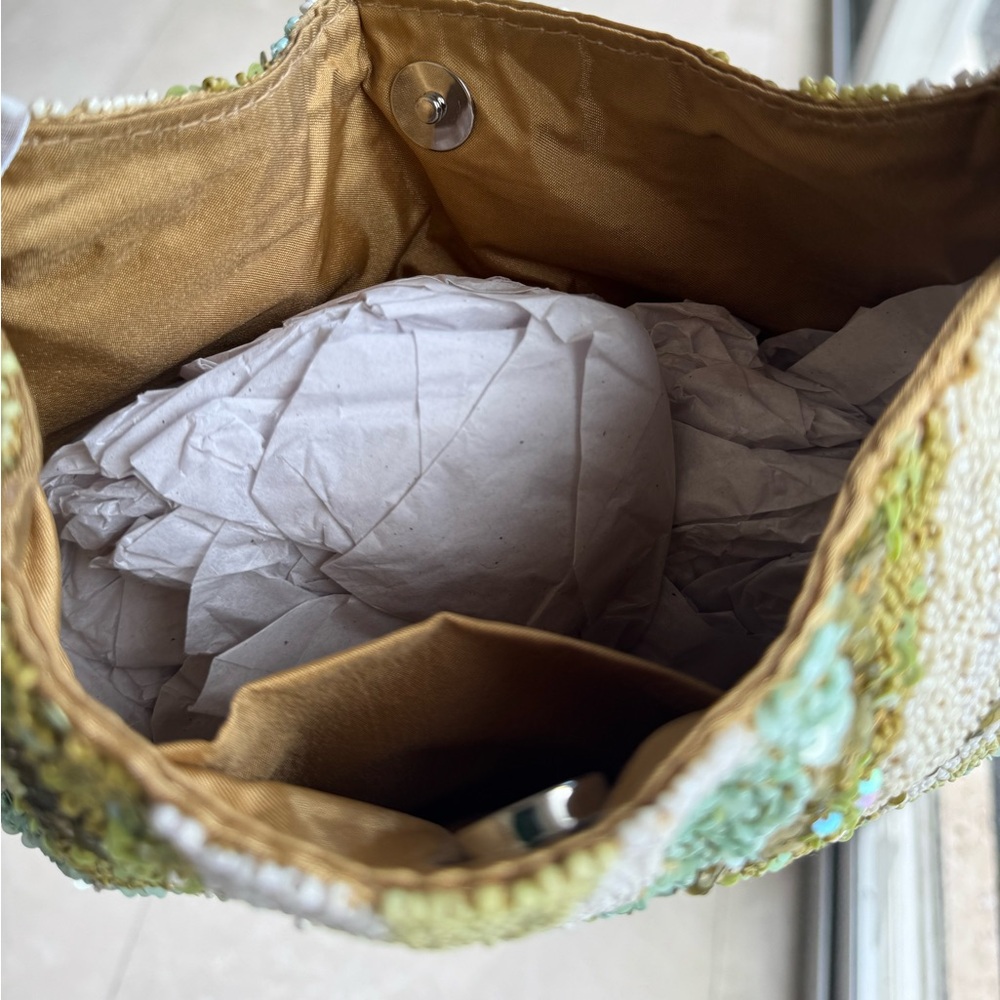 Handmade Green & Cream Beaded Hobo Bag – Sequin Abstract Pattern - Picture 6 of 7